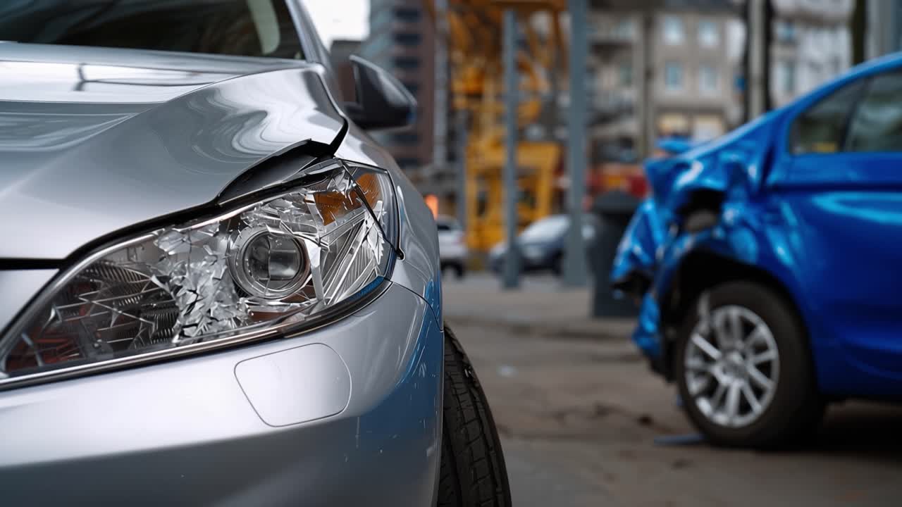 Auto argentata mostra la parte anteriore danneggiata. Auto blu ha lato e parte anteriore ammaccati. Una persona si allontana dalla scena dell'incidente. Strada urbana con edifici e traffico. Ideale per filmati assicurativi o di incidenti.