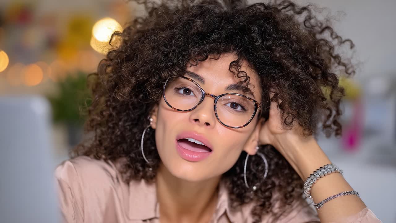Un ritratto accattivante di una donna con capelli ricci e occhiali in un ambiente luminoso e accogliente