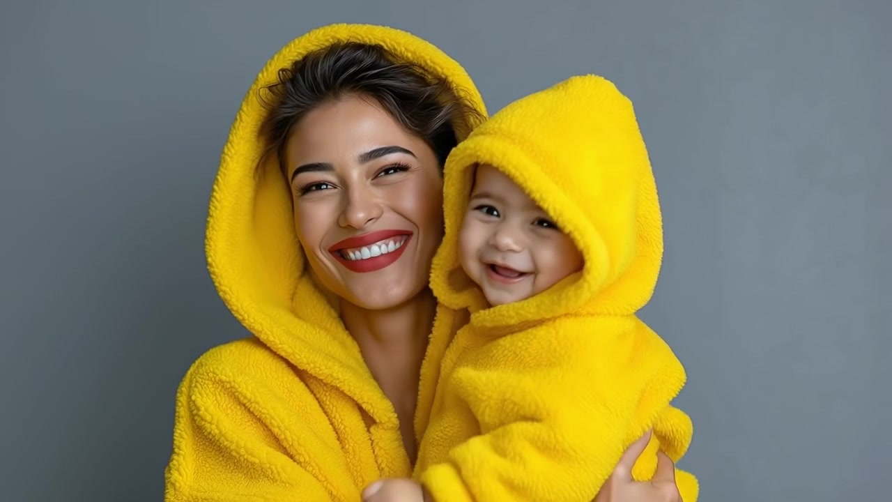 Momento tenero di una madre che abbraccia il suo bambino mentre entrambi indossano felpe con cappuccio gialle abbinate.