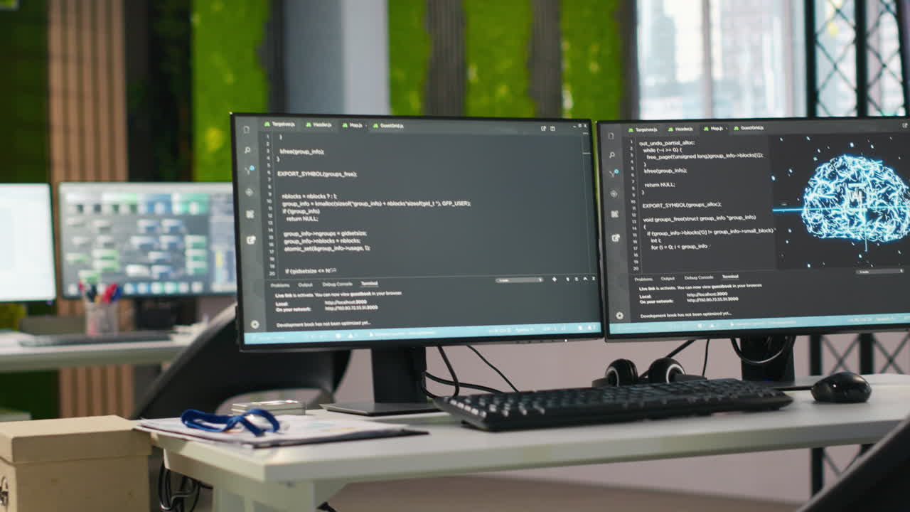 Pc Screens On Office Desk Used To Design And Implement Ai Algorithms