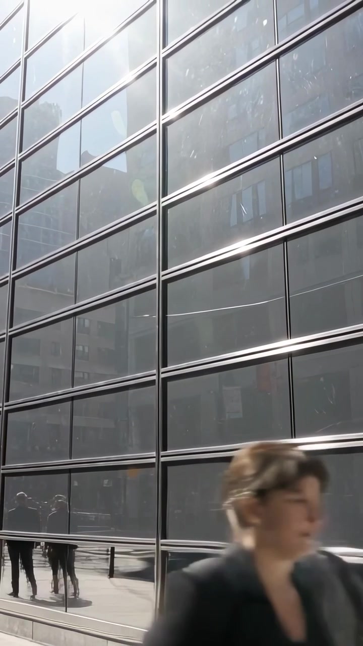 Video verticale: Pedoni pendolari in abito che passano davanti a una facciata di vetro, con il sole che colpisce e crea riflessi cangianti.