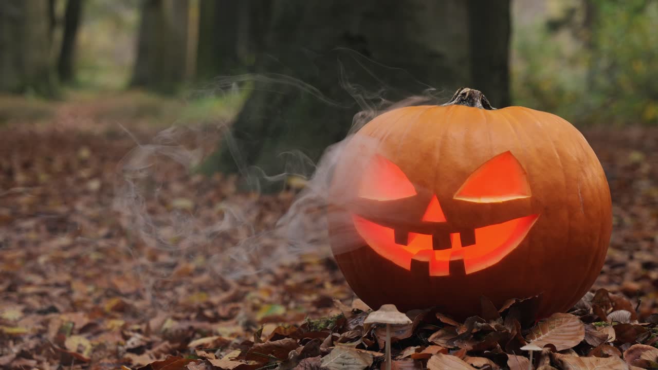 Smoking jack-o’-lantern glows on autumn forest path covered with fallen leaves