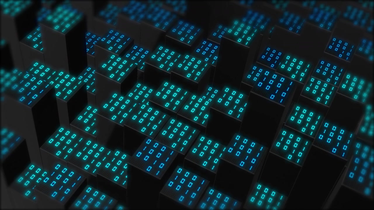 Glowing binary blocks technology loop with cyan code tiles raised black cubes and digital city depth