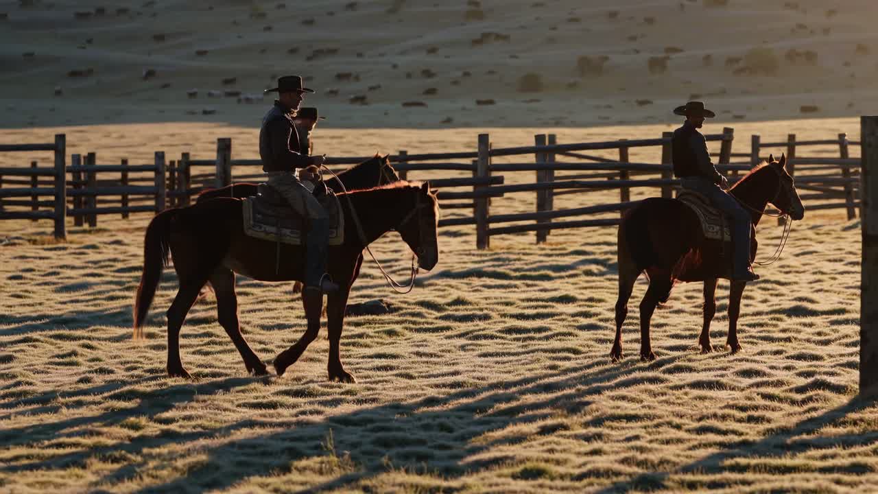 Cowboys Riding Horses in a Morning Ranch Scene