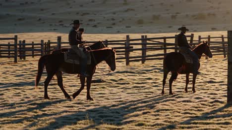 cowboys riding horses in a morning ranch scene