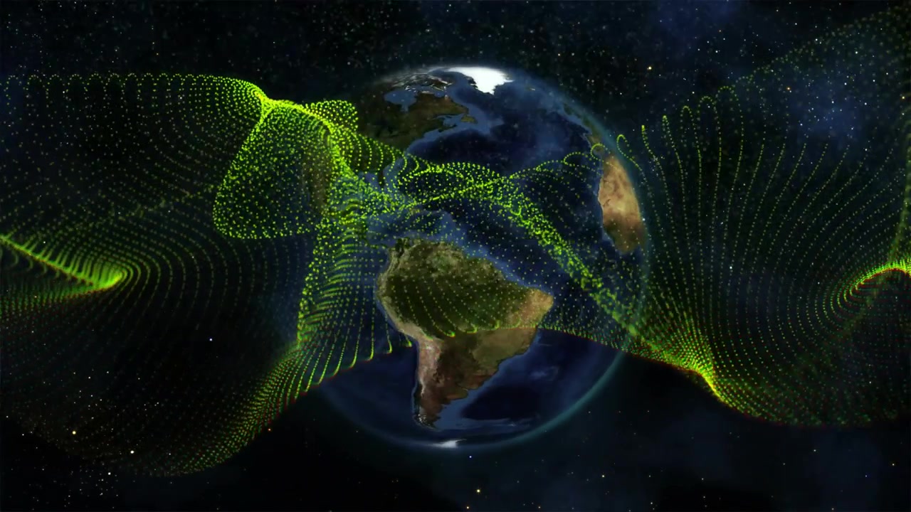 Green ribbon entering from left sweeping, waving, looping around rotating Earth, showing data flow