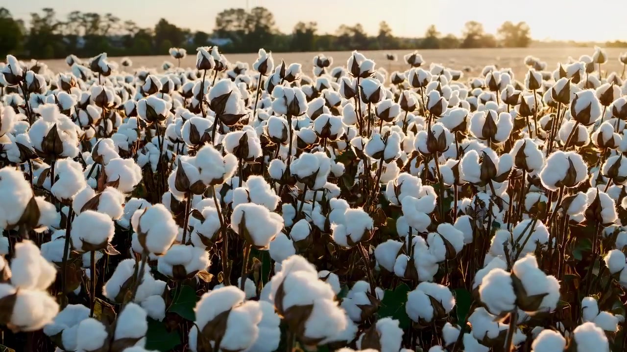 Bellissimo campo di cotone pronto per il raccolto durante l'ora d'oro