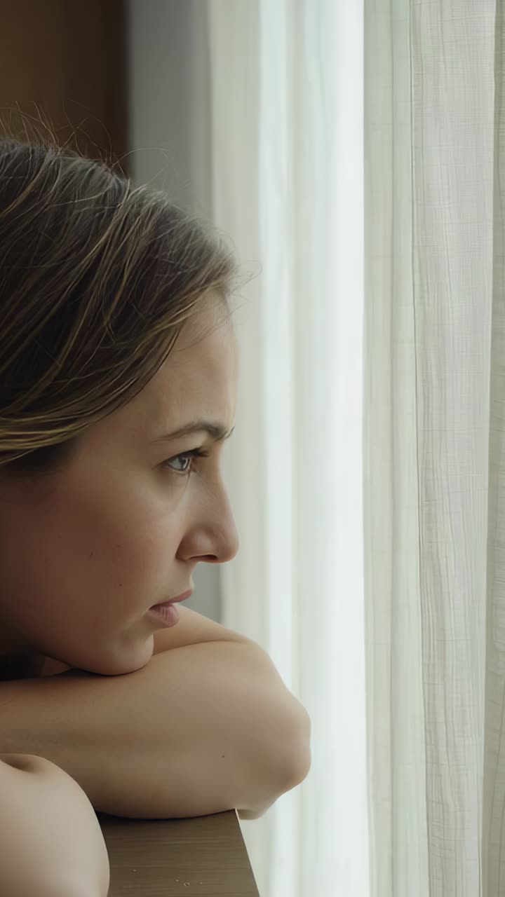 Vídeo vertical: Mulher pensativa apoiando-se nos antebraços no parapeito com cortina transparente, refletindo, com espaço para texto.