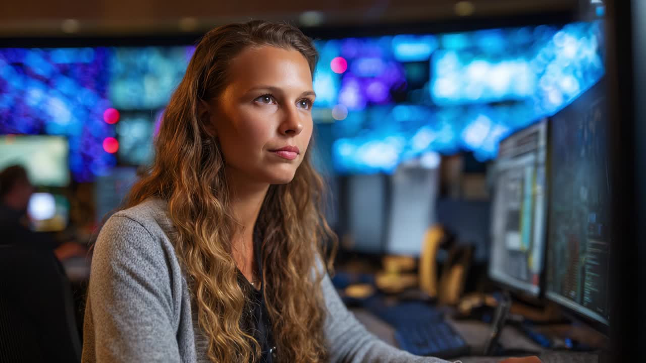 Focused Professional Analyzing Data in High-Tech Control Room with Multiple Monitors Displaying Complex Information and Graphical Visualizations, Showcasing Attention to Detail and Analytical Skills