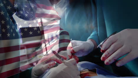 animation of flag of usa waving over surgeons in operating theatre