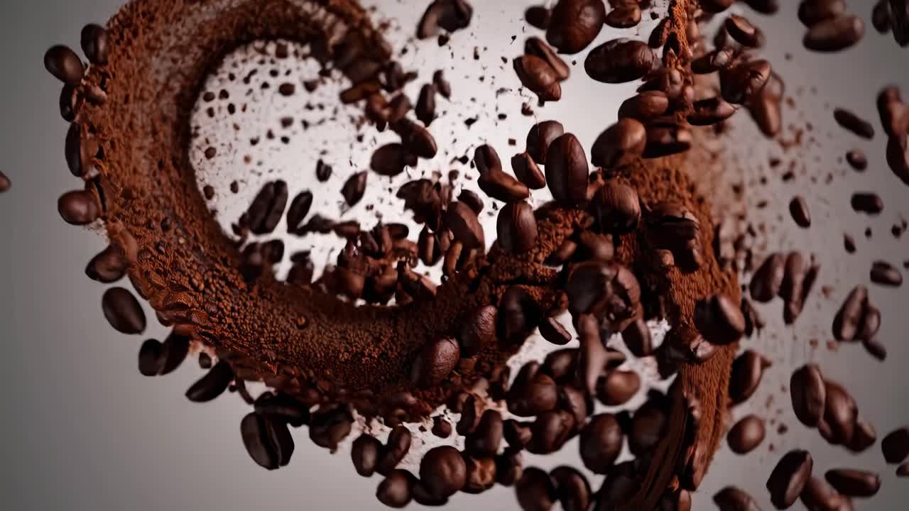 Dynamic video shot of coffee beans and powder swirling mid-air, captured from a low-angle