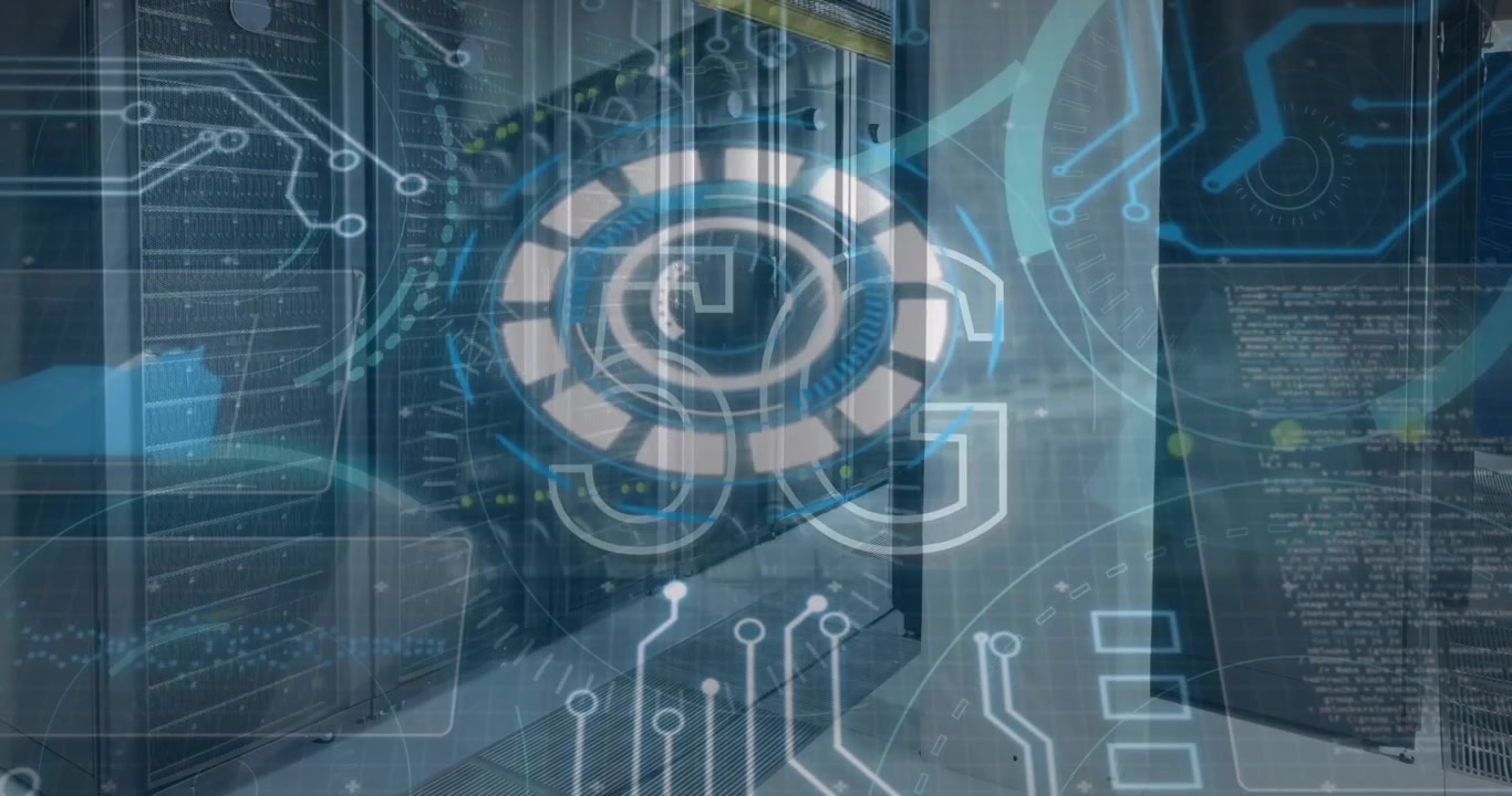 Animation of lines rotating and creating circle with 5g text, moving lines over server room