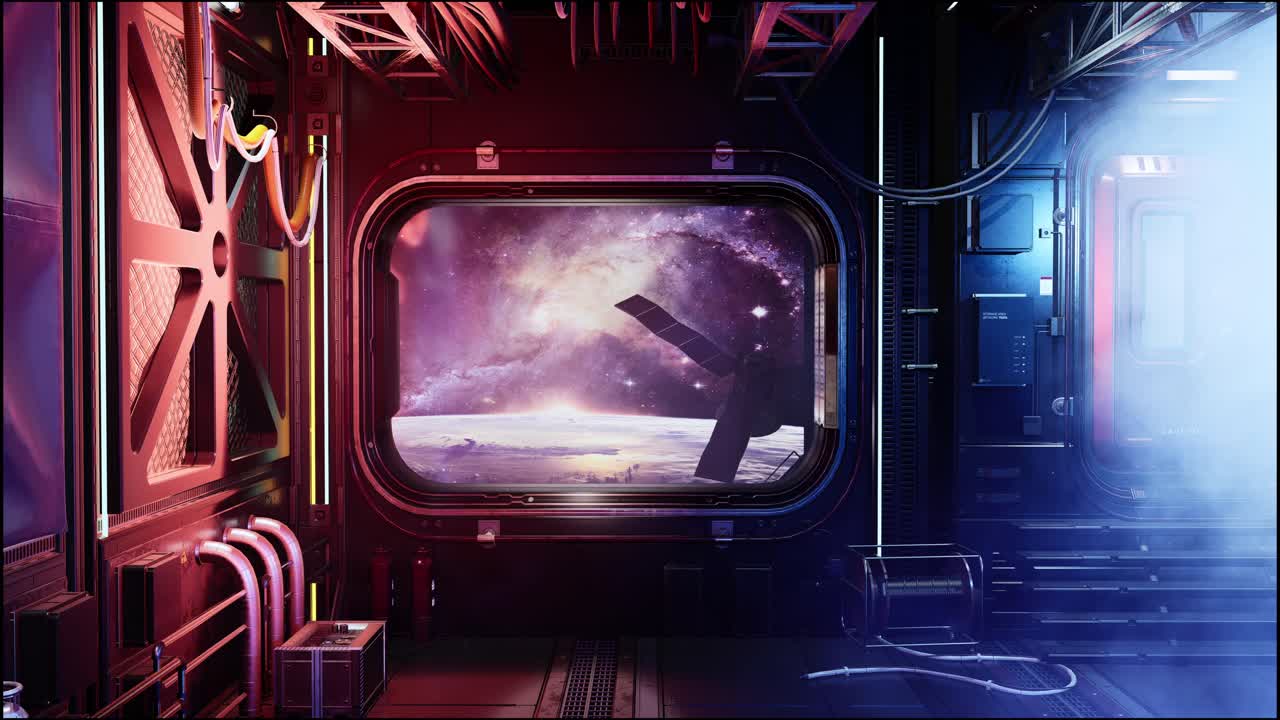 Futuristic Space Corridor With A View Of The Moon And Communications Satellite. 3D Animation