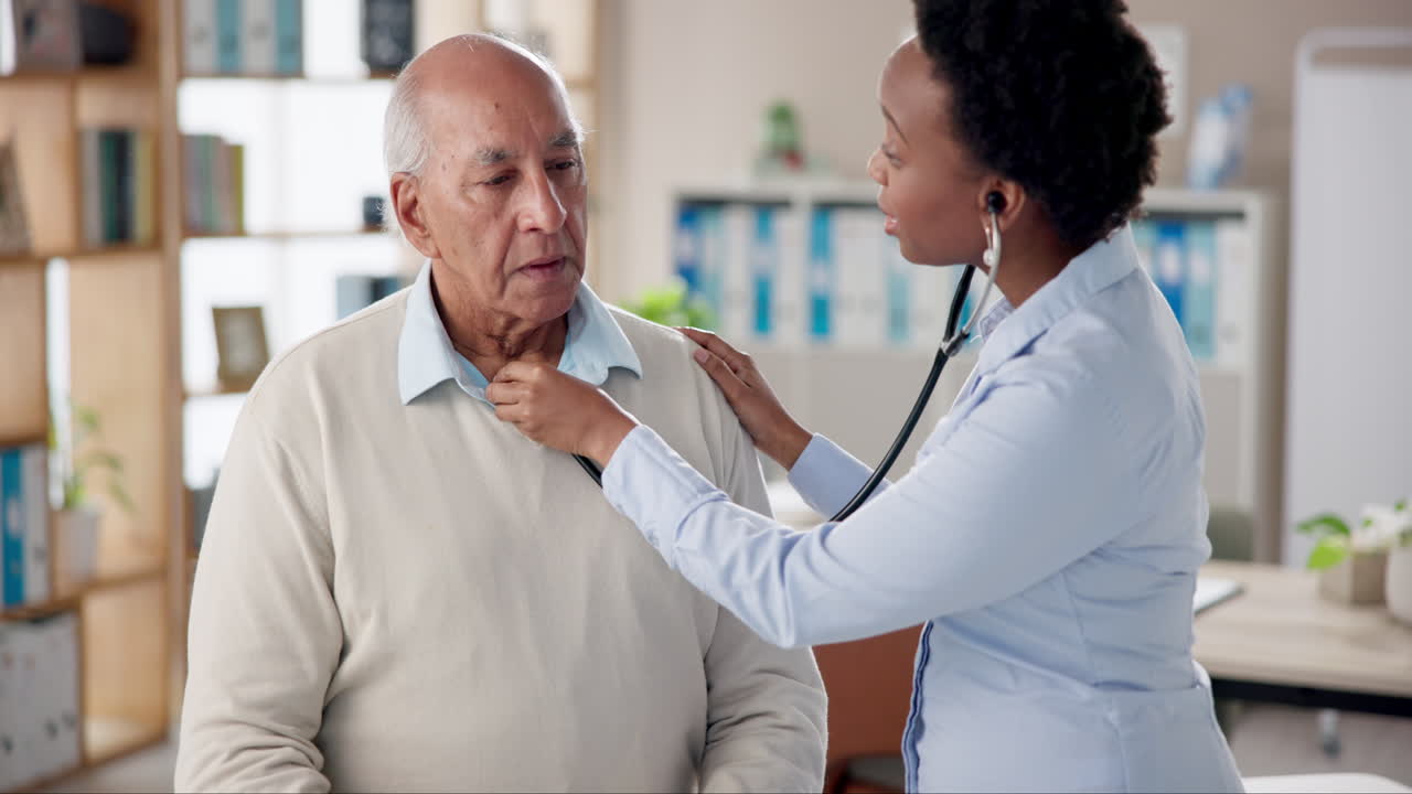 Doctor examining senior patient with stethoscope