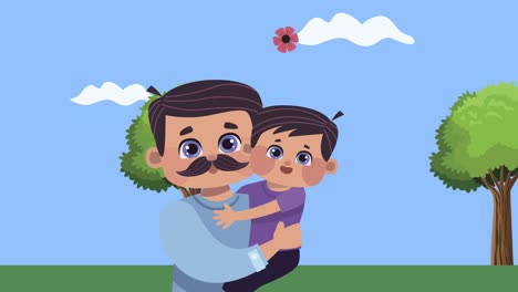 fathers day animation with dad lifting son in camp