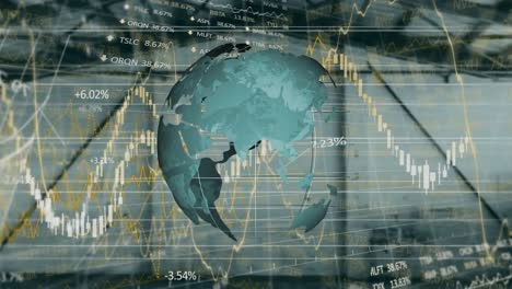 animation of spinning globe and financial data processing