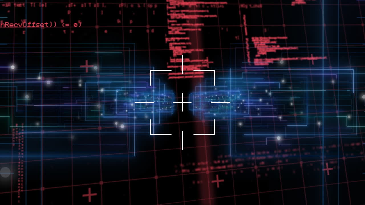 Animation of scope scanning over light trails and data processing against black background