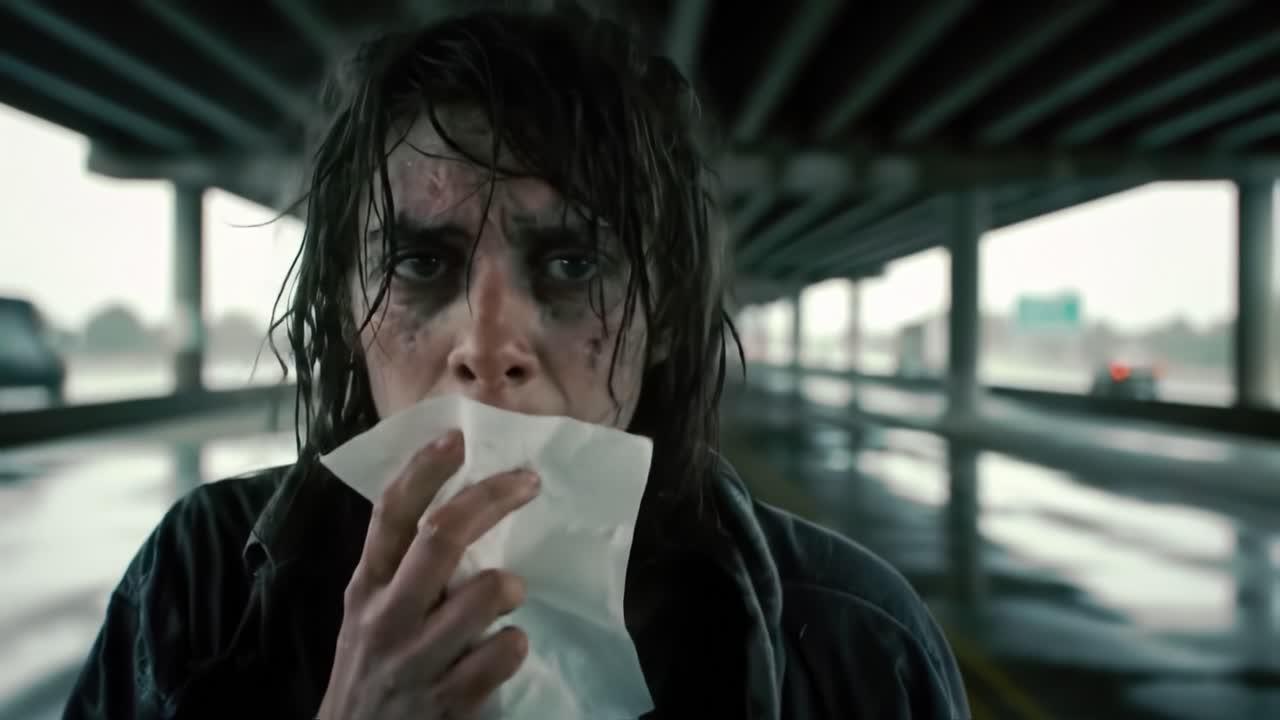 A distressed individual stands alone beneath a rain-soaked overpass, showcasing deep emotion amidst an ominous urban backdrop, capturing a moment of vulnerability and despair