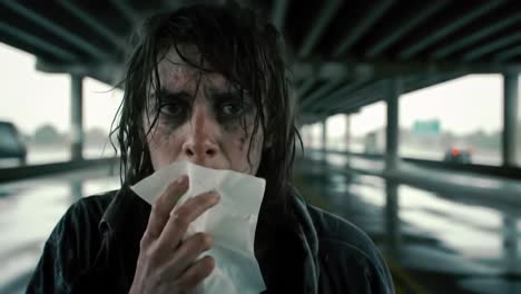 A distressed individual stands alone beneath a rain-soaked overpass, showcasing deep emotion amidst an ominous urban backdrop, capturing a moment of vulnerability and despair