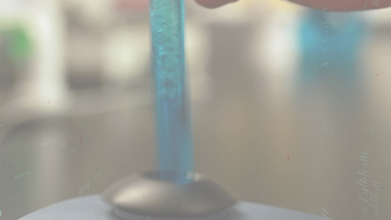 Gloved hand lowering test tube over sensor pad, bubbles rising, code drifting illustrating analysis