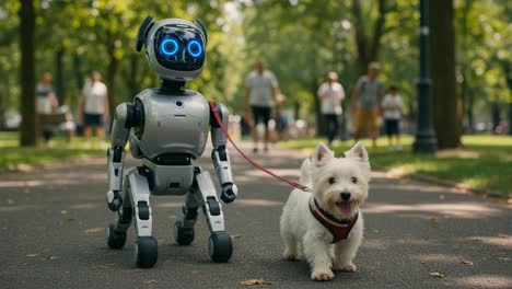 a robot walking a dog in a lively park: a heartwarming scene of technology and nature coexisting harmoniously amongst people