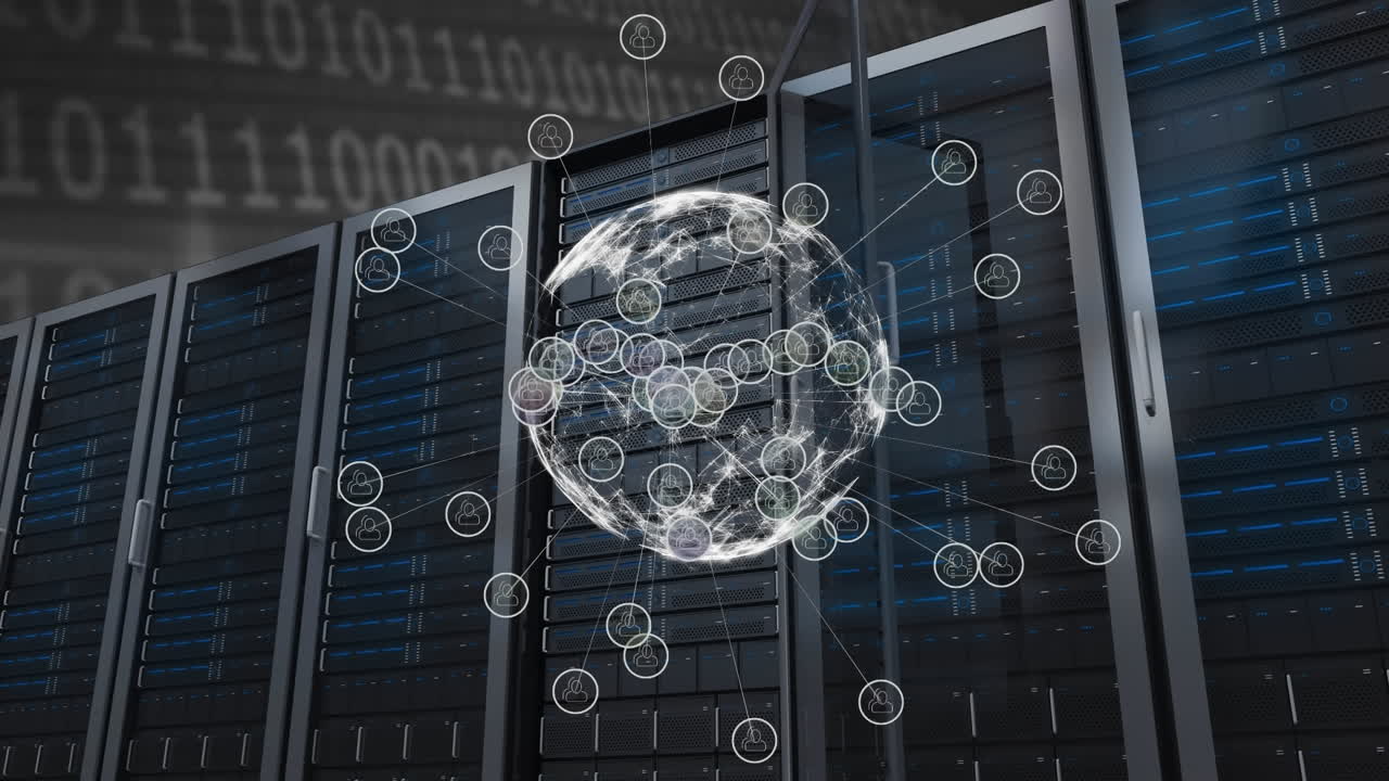 Animation of globe with network of connections over server room