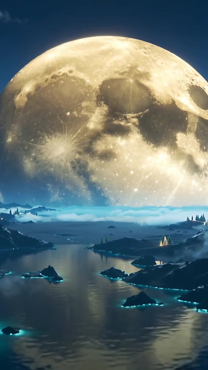 Vertical video: Panning camera revealing giant moon glowing over lake with isles and conical trees