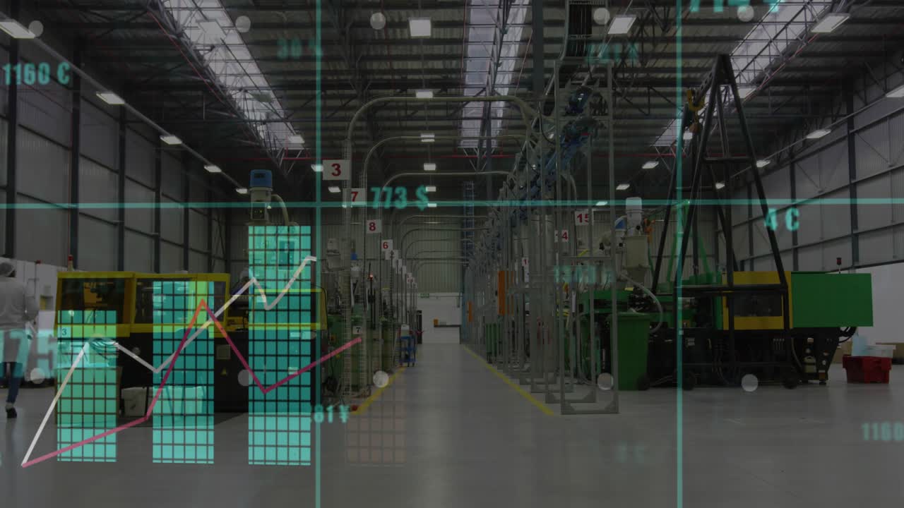 Technician pulling tools adjusting panel knobs, peer walking factory aisle with floating metrics