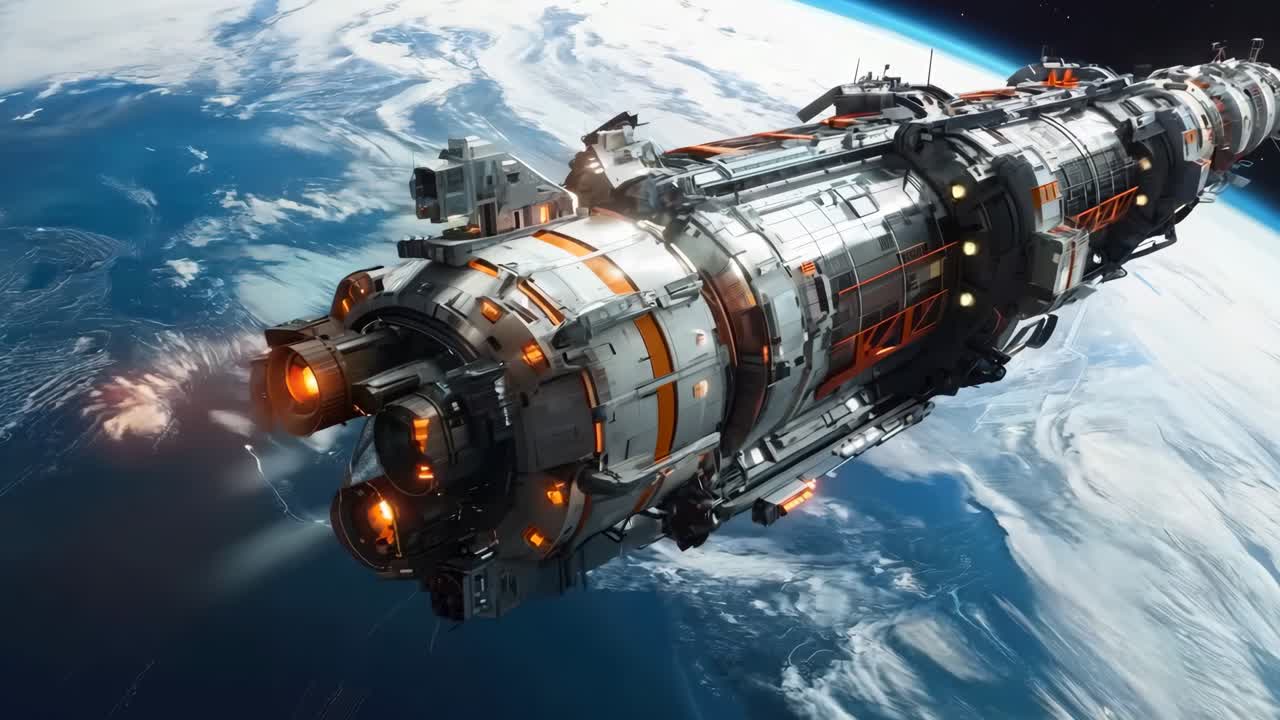 우주선 이 우주 에서 지구 를 날아다니고 있다