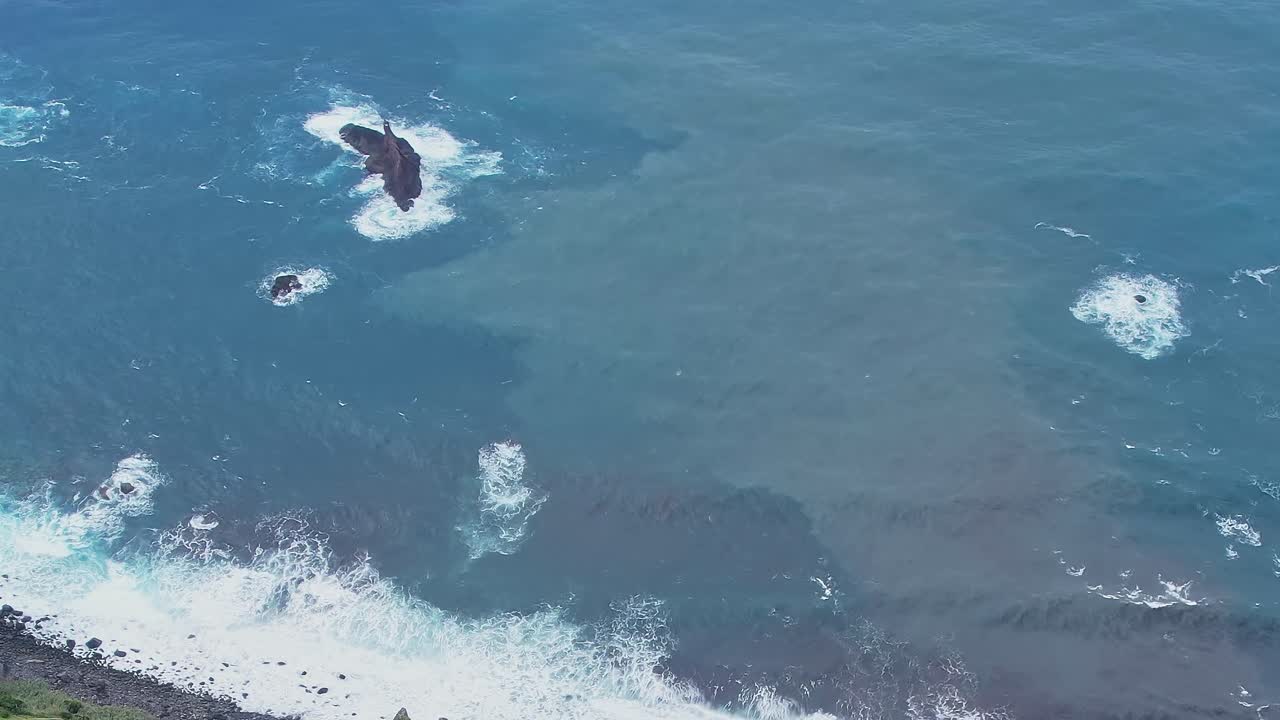 Stunning aerial view of Madeira's coastline with waves and rocky outcrops