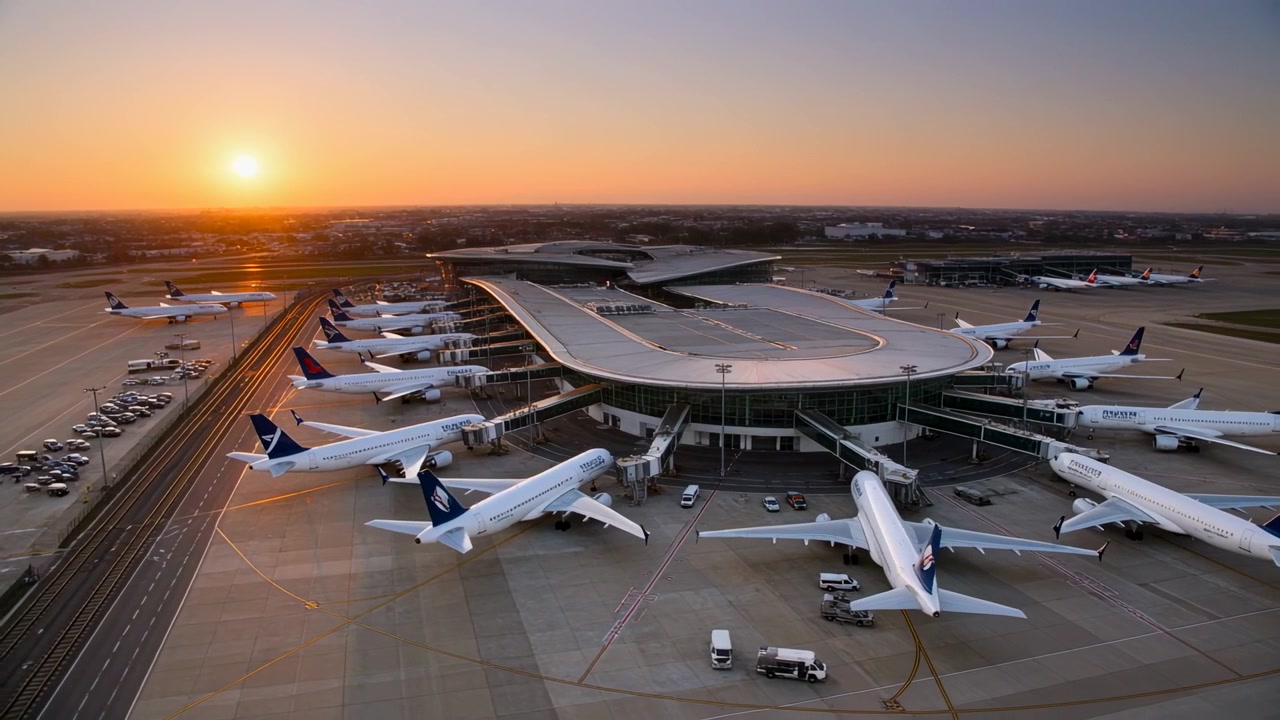 Mostrando un timelapse aéreo del sol poniéndose sobre una explanada curva al atardecer, con vehículos de servicio atendiendo aviones.
