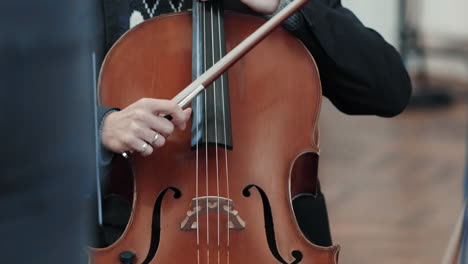 un hombre toca el violonchelo con los dedos en una sala de conciertos