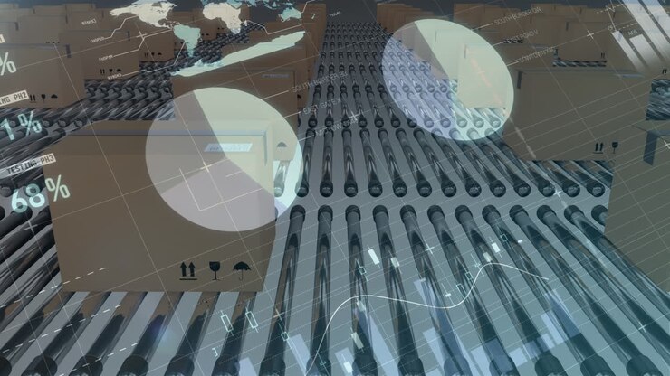Animation of statistics and data processing over cardboard boxes on conveyor belts