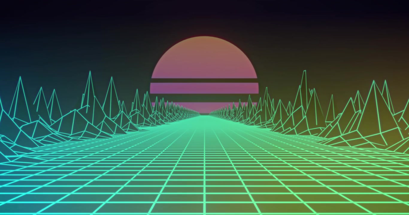 Paesaggio digitale in stile retro synthwave con sole luminoso