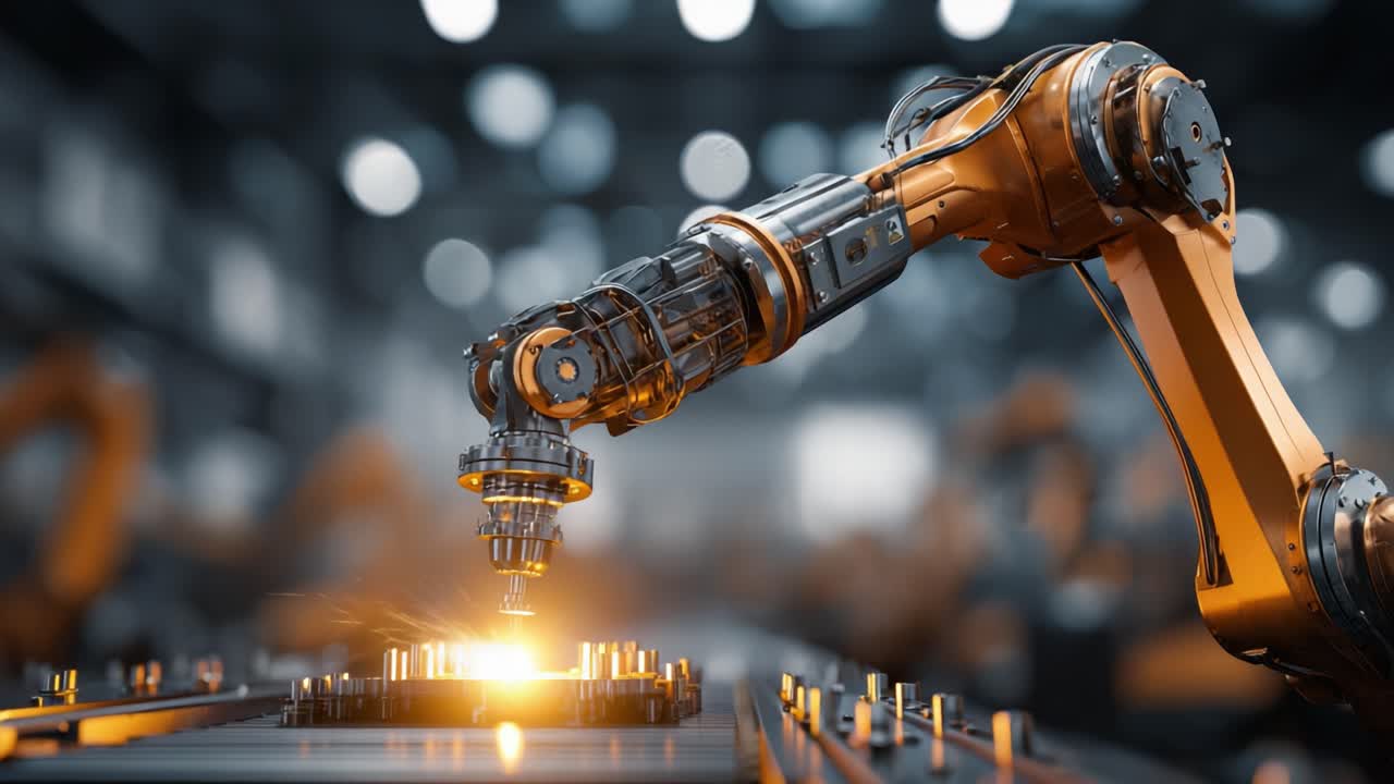 Advanced robotic arm in a high-tech industrial setting, showcasing precision manufacturing technology and automation in action with a focus on intricate component assembly