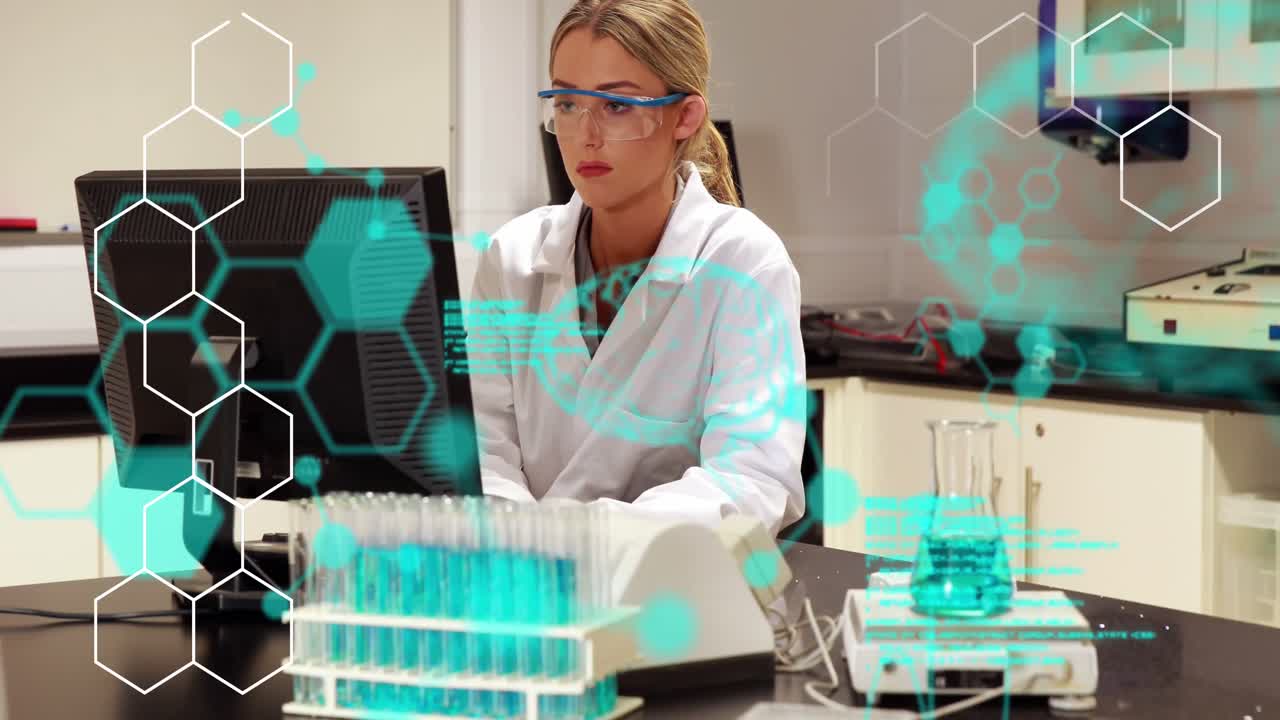 Animation of codes, brain, molecule structure over caucasian female scientist using computer