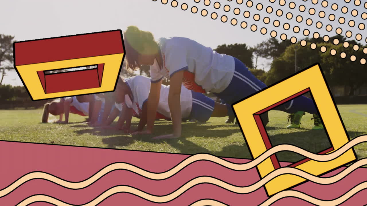 Exercising outdoors, people with colorful geometric animation overlay in background