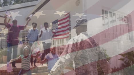 animation of national flag of america over african american soldier hugging daughter