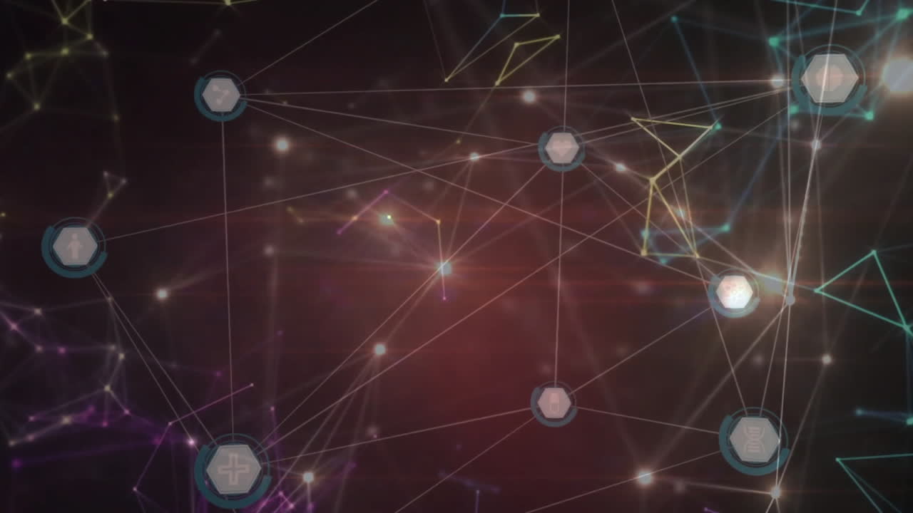 Network of connections and data processing animation over dark abstract background
