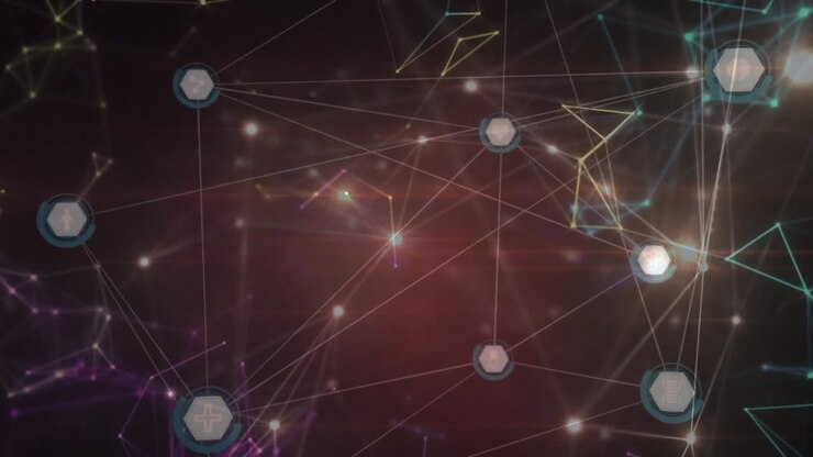 Network of connections and data processing animation over dark abstract background