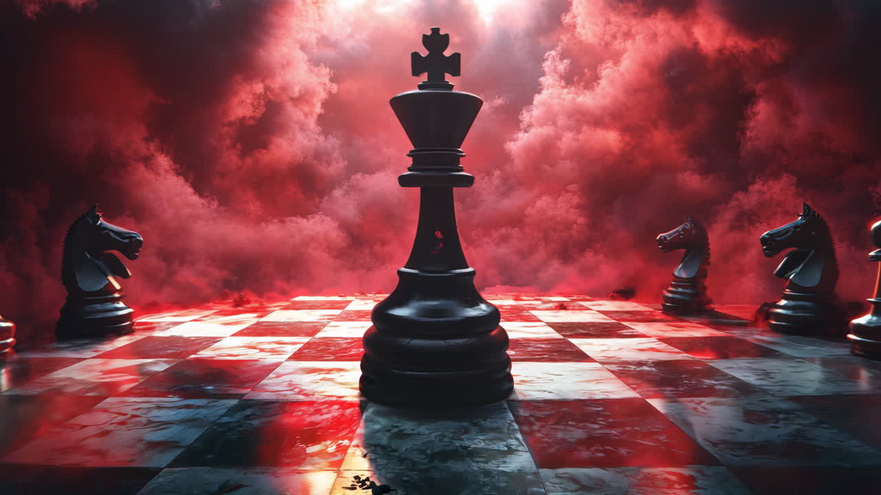A chess board with a king and other pieces. The king is surrounded by smoke and the board is red