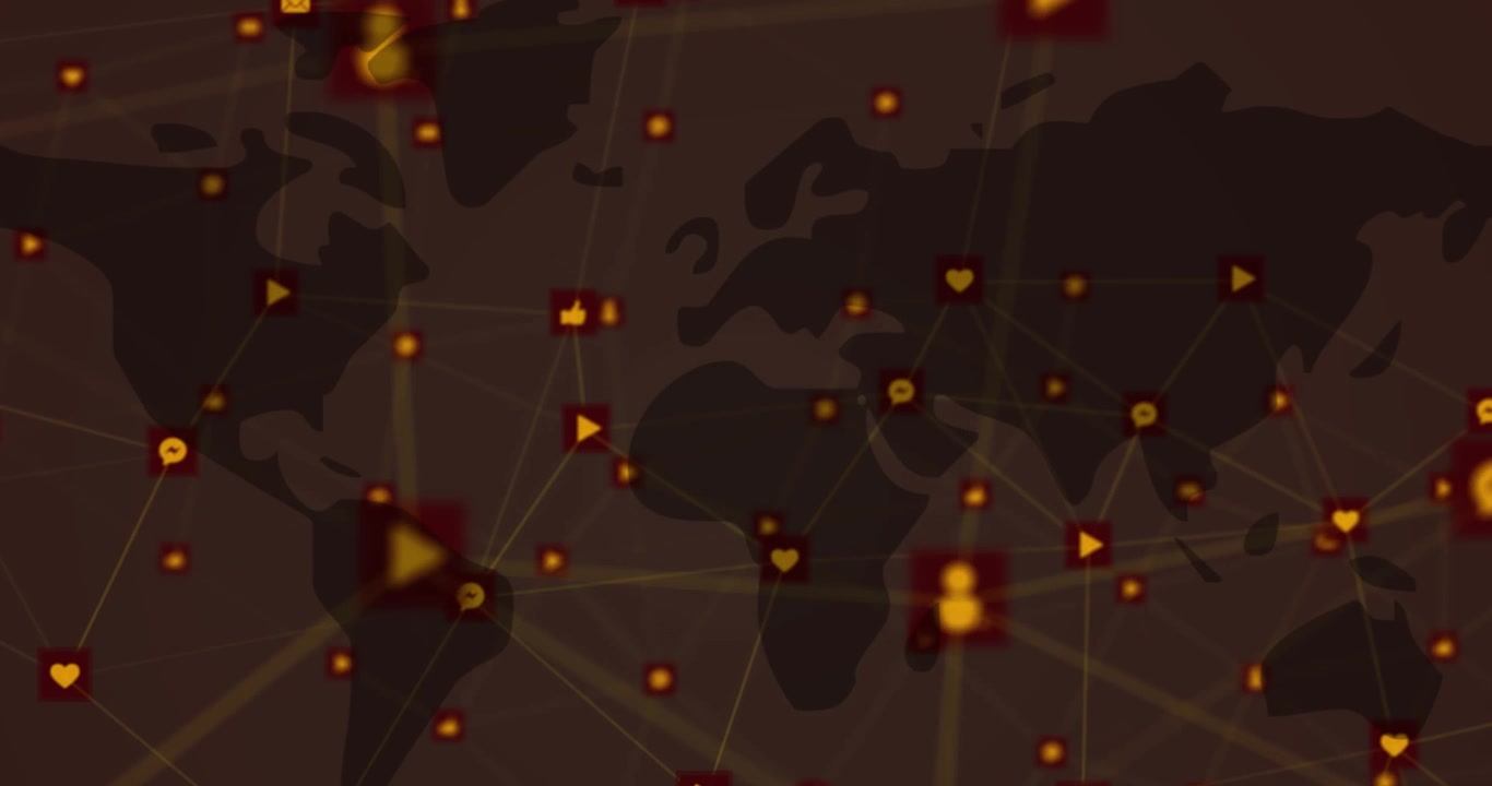 Network of digital icons floating over world map against grey background
