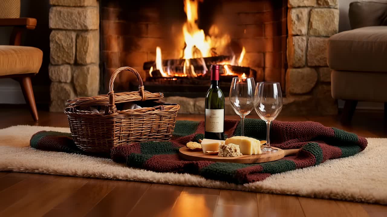 Flickering home fireplace flames casting warm glow over picnic basket, wine, glasses, cheese