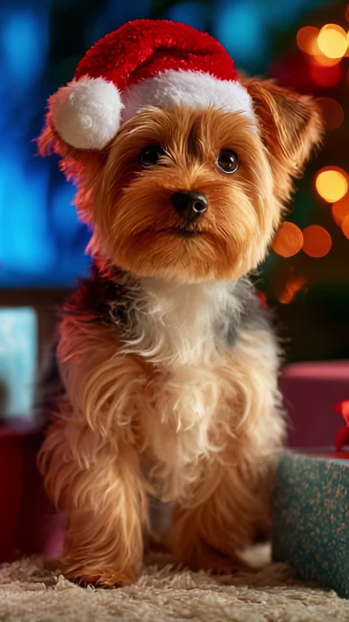 Charming Christmas Yorkie: A Delightful Small Dog in a Festive Santa Hat Surrounded by Colorful Holiday Decor and Cheerful Atmosphere, Perfectly Captured in Two Frames of Whimsical Joy