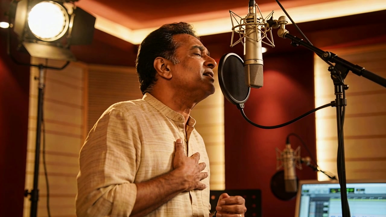 Vocalista indiana in kurta beige che prende fiato e canta, registrando in studio con un microfono a condensatore.