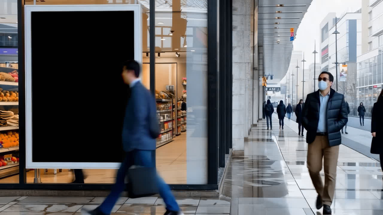 Digital billboard screen live mockup in busy city animated overlay, transparent 4K video, alpha