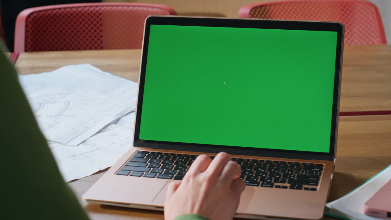 Office manager typing mockup laptop in cabinet closeup. Woman online research
