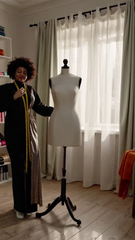 fashion designer measuring dress on mannequin
