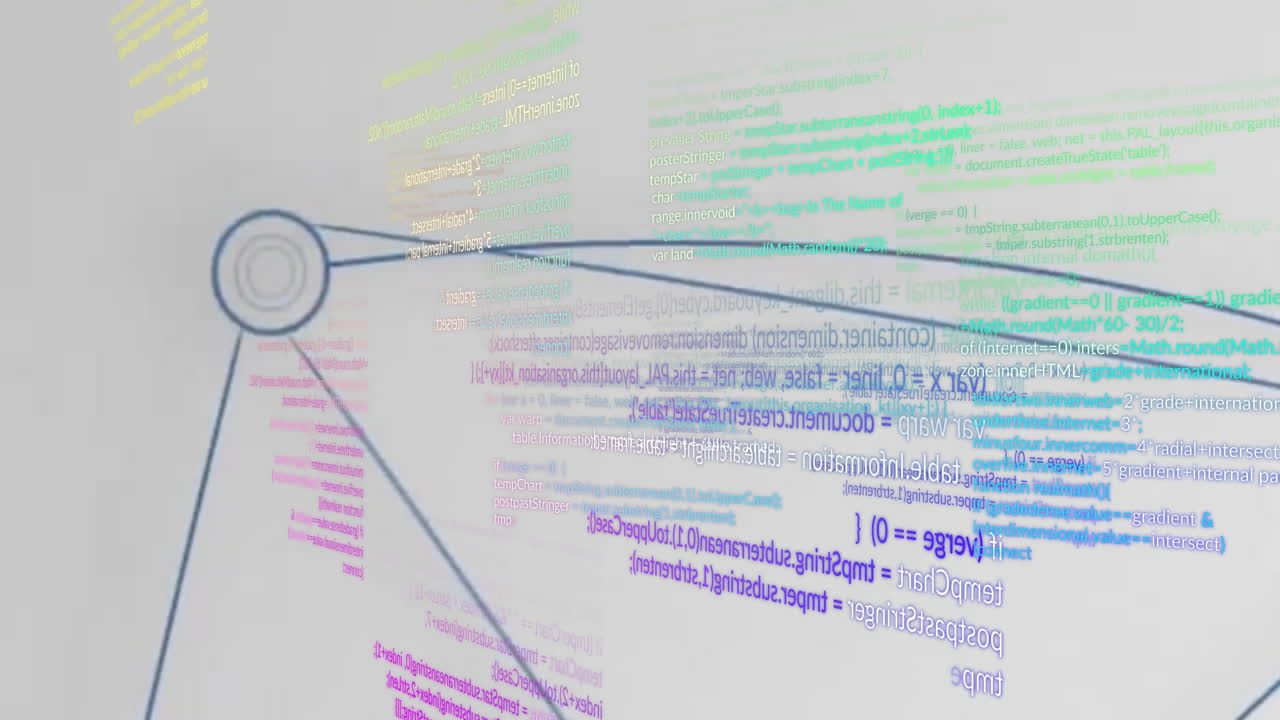 Floating colorful programming code lines over white background with animated curves