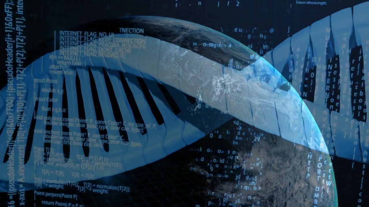 Clip playing, DNA helix translating and rotating past planet as cascading code showing genomic data